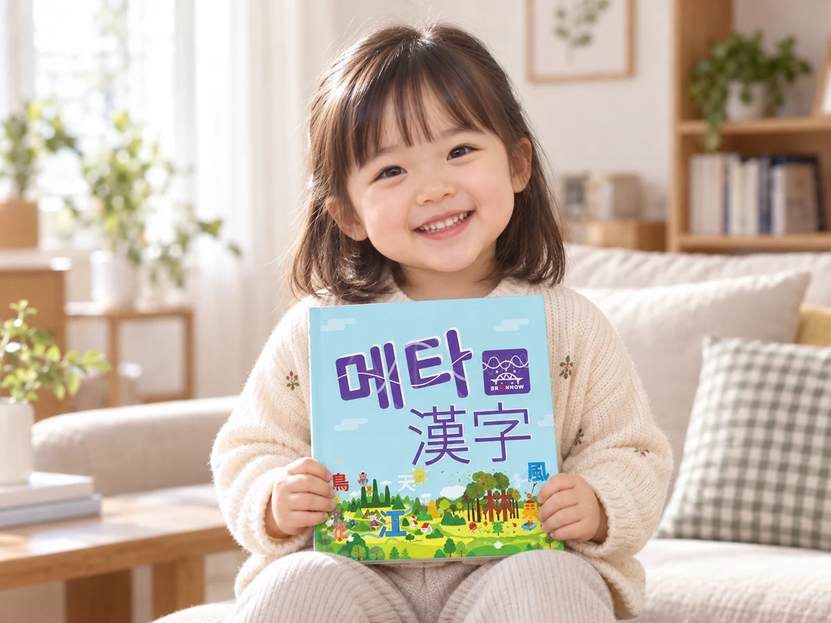 메타한자 책을 무릎 위에 올려 들고 있는 약 36개월 여자아이의 제품 연출 이미지